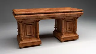 3D-visualisatie van een grote, sierlijke houten tafel